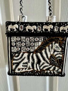 Mary Frances Black White Zebra Embellished Crossbody Bag